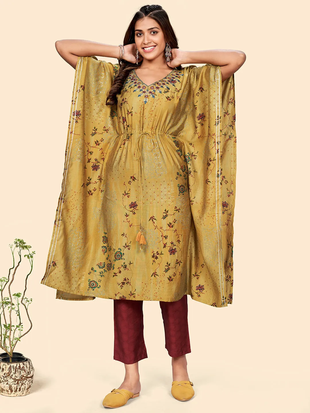 Women'S Print & Embroidered  Muslin Mustard Yellow Stitched Kaftan Kurta With Pant Set