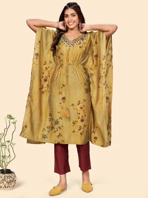 Women'S Print & Embroidered  Muslin Mustard Yellow Stitched Kaftan Kurta With Pant Set