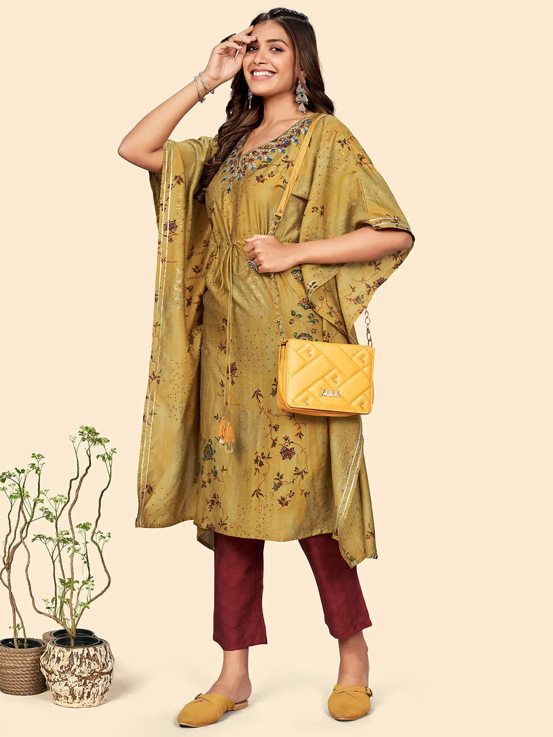 Women'S Print & Embroidered  Muslin Mustard Yellow Stitched Kaftan Kurta With Pant Set