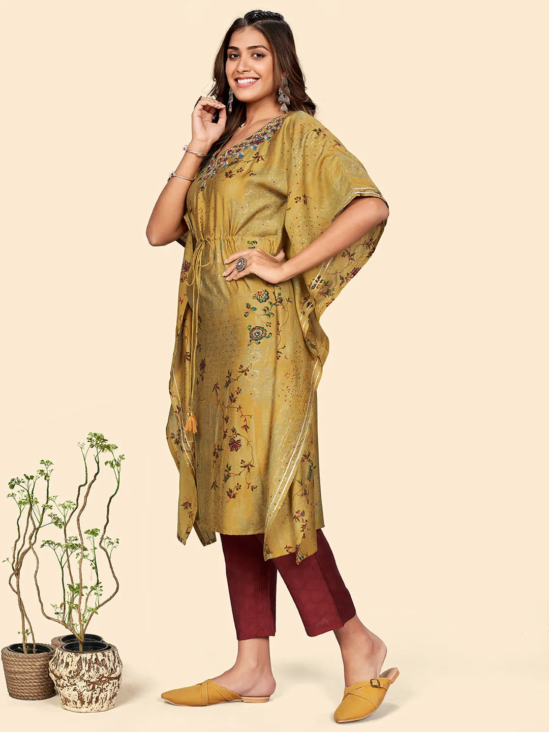 Women'S Print & Embroidered  Muslin Mustard Yellow Stitched Kaftan Kurta With Pant Set