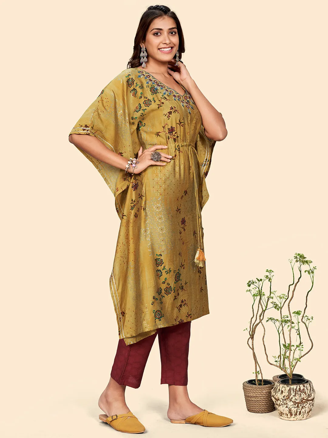 Women'S Print & Embroidered  Muslin Mustard Yellow Stitched Kaftan Kurta With Pant Set