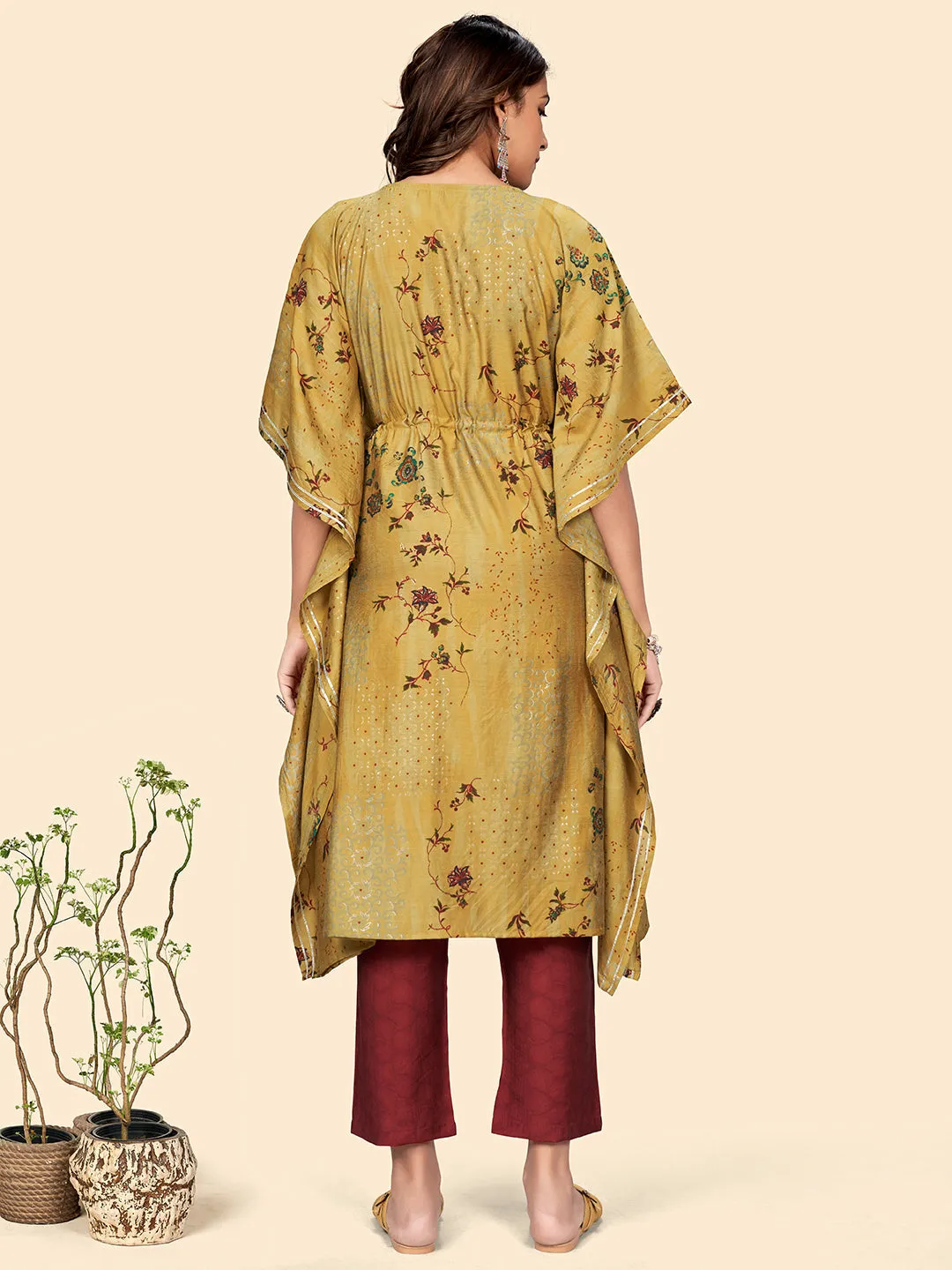 Women'S Print & Embroidered  Muslin Mustard Yellow Stitched Kaftan Kurta With Pant Set