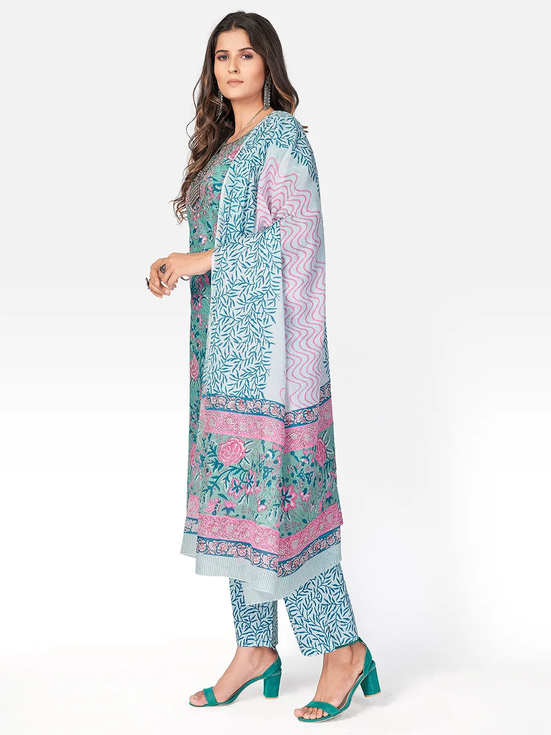 Women'S Printed & Embroidered Straight Cotton Turquoise Kurta Pant With Dupatta