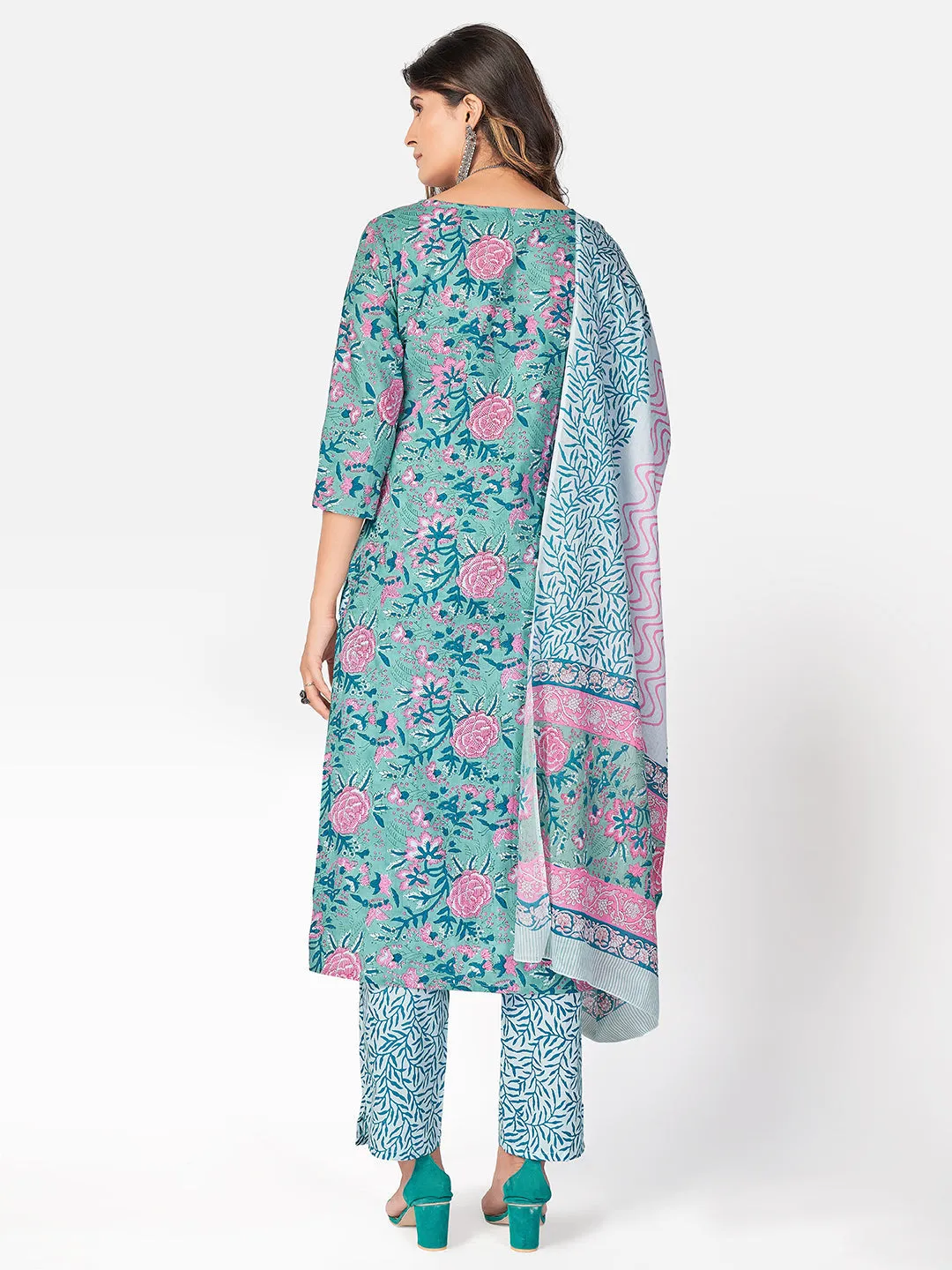 Women'S Printed & Embroidered Straight Cotton Turquoise Kurta Pant With Dupatta