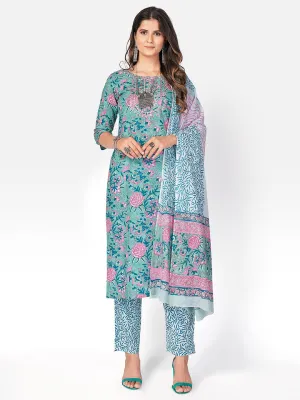 Women'S Printed & Embroidered Straight Cotton Turquoise Kurta Pant With Dupatta