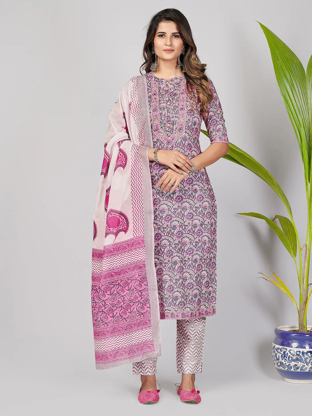 Women'S Printed & Gota Patti & Mirror Work Straight Cotton Pink Stitched Kurta Pant With Dupatta