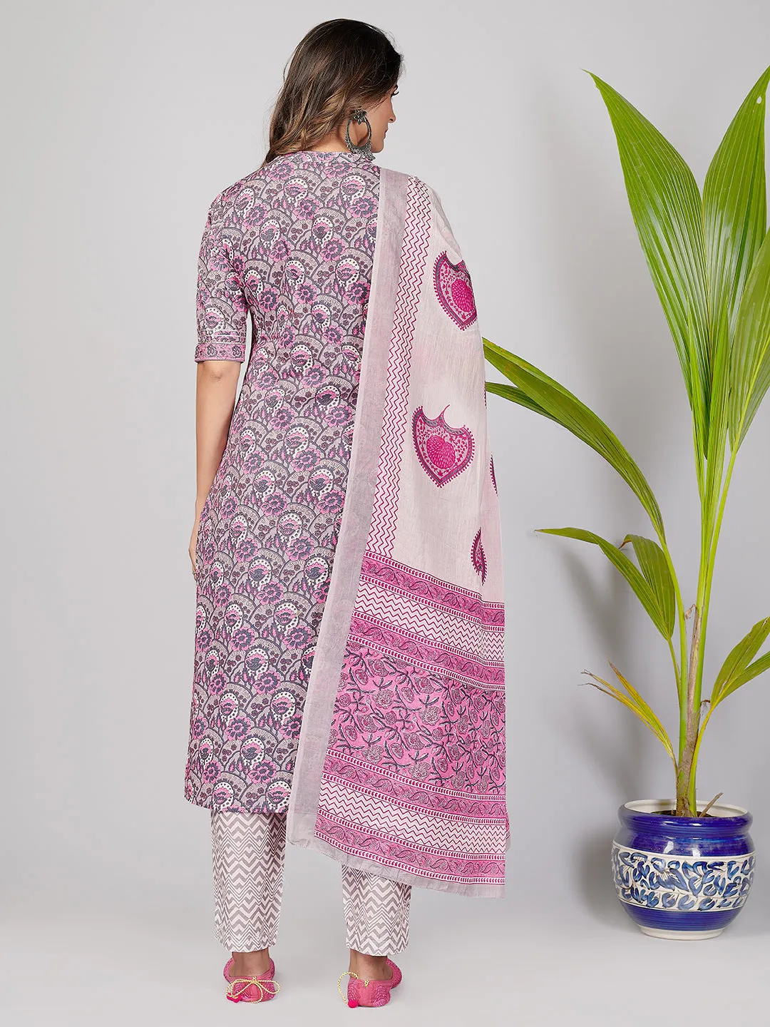 Women'S Printed & Gota Patti & Mirror Work Straight Cotton Pink Stitched Kurta Pant With Dupatta