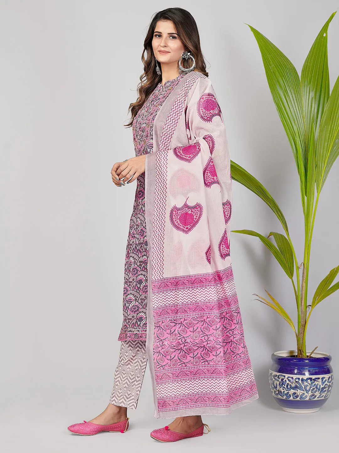 Women'S Printed & Gota Patti & Mirror Work Straight Cotton Pink Stitched Kurta Pant With Dupatta