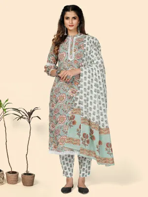 Women'S Printed & Lace Work Straight Cotton Turquoise Stitched Kurta Pant With Dupatta