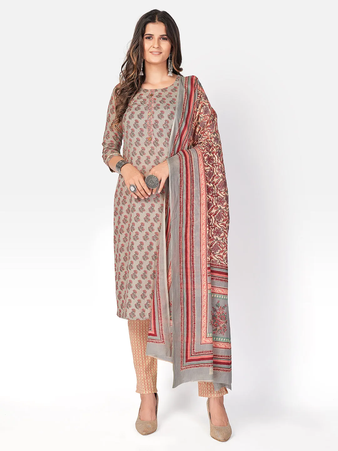 Women'S Printed & Sequence Work Straight Cotton Olive Green Kurta Pant With Dupatta