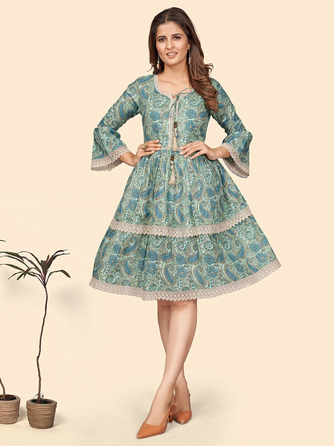 Women'S Printed Flared Cotton Sea Green Stitched Dress