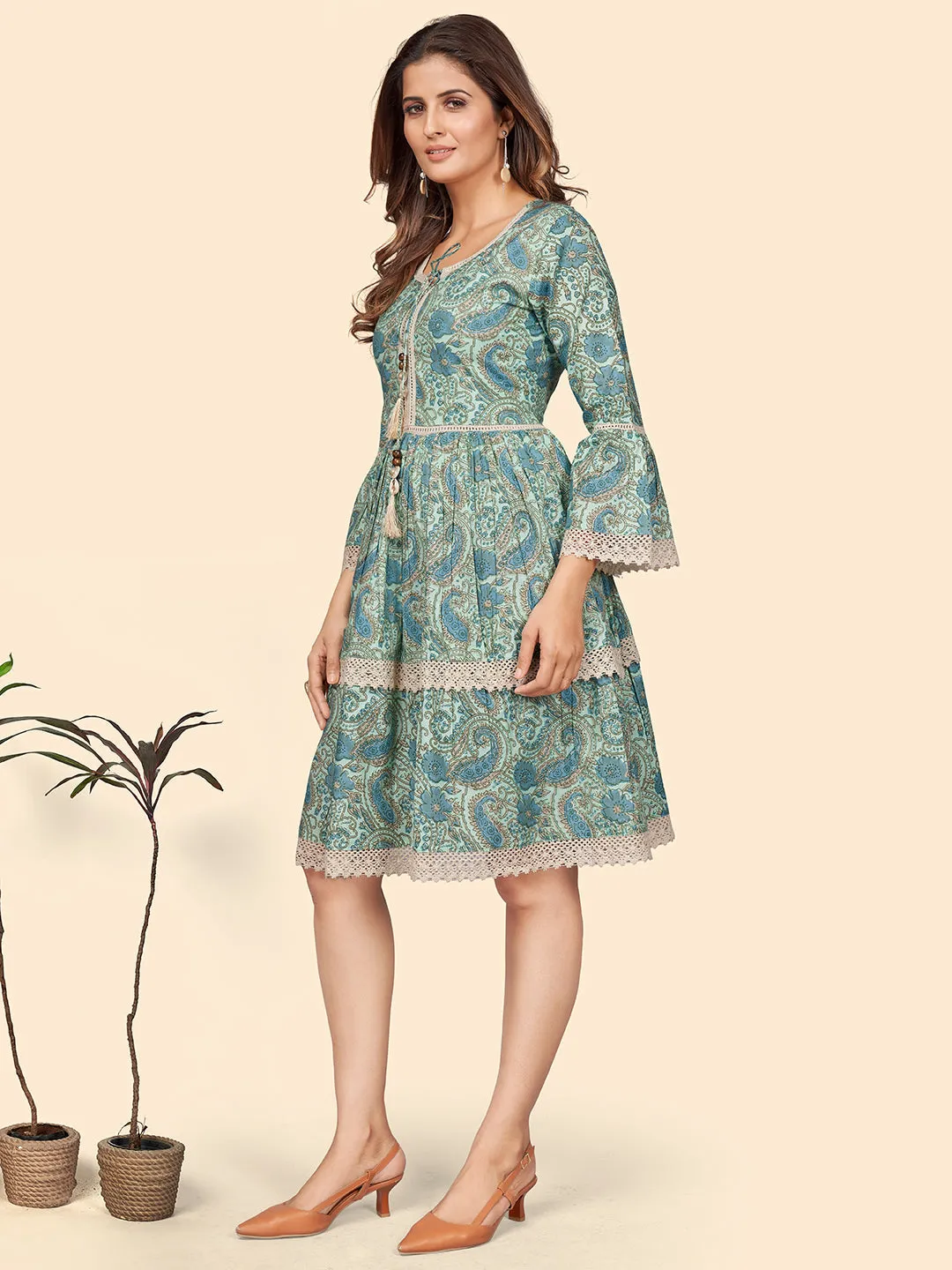 Women'S Printed Flared Cotton Sea Green Stitched Dress