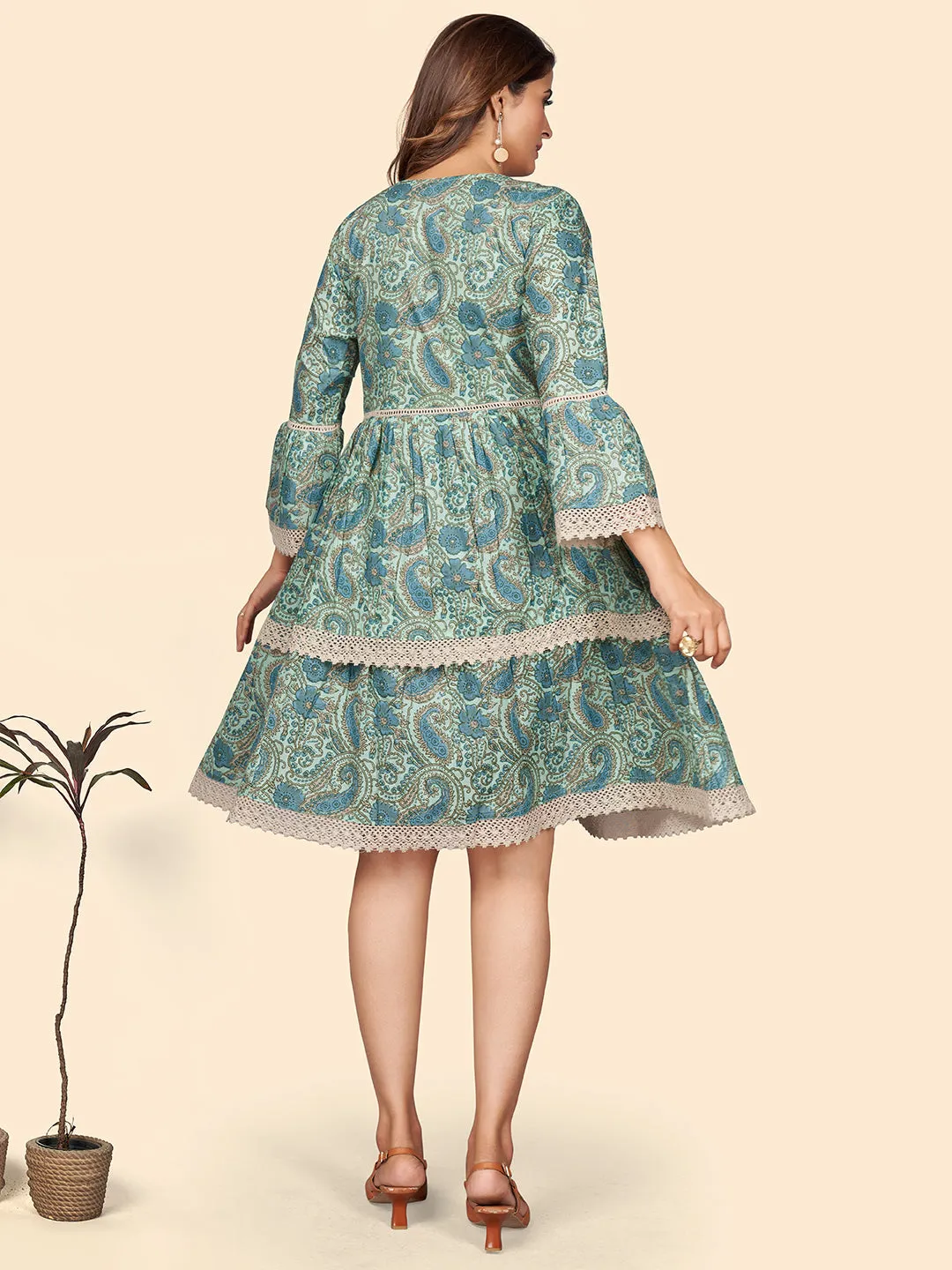 Women'S Printed Flared Cotton Sea Green Stitched Dress