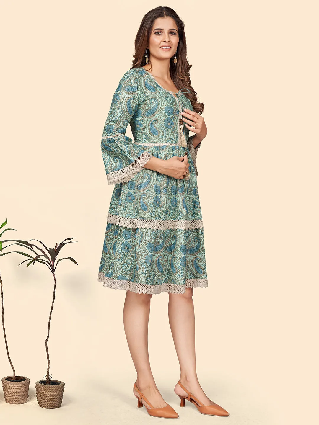 Women'S Printed Flared Cotton Sea Green Stitched Dress