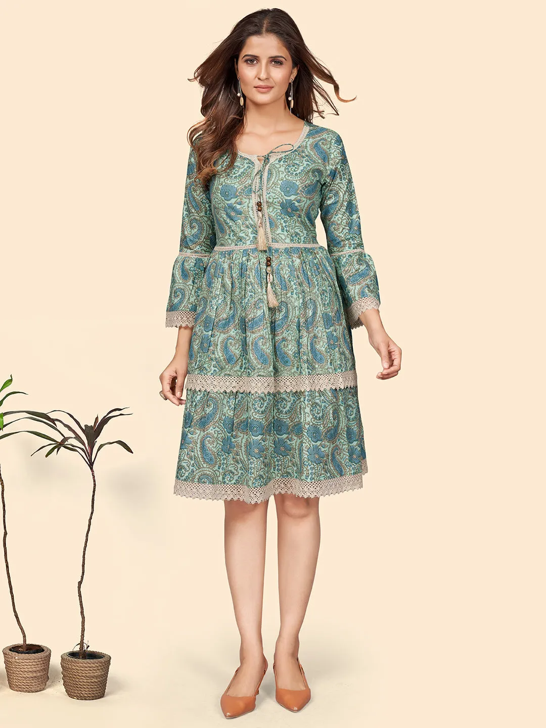 Women'S Printed Flared Cotton Sea Green Stitched Dress