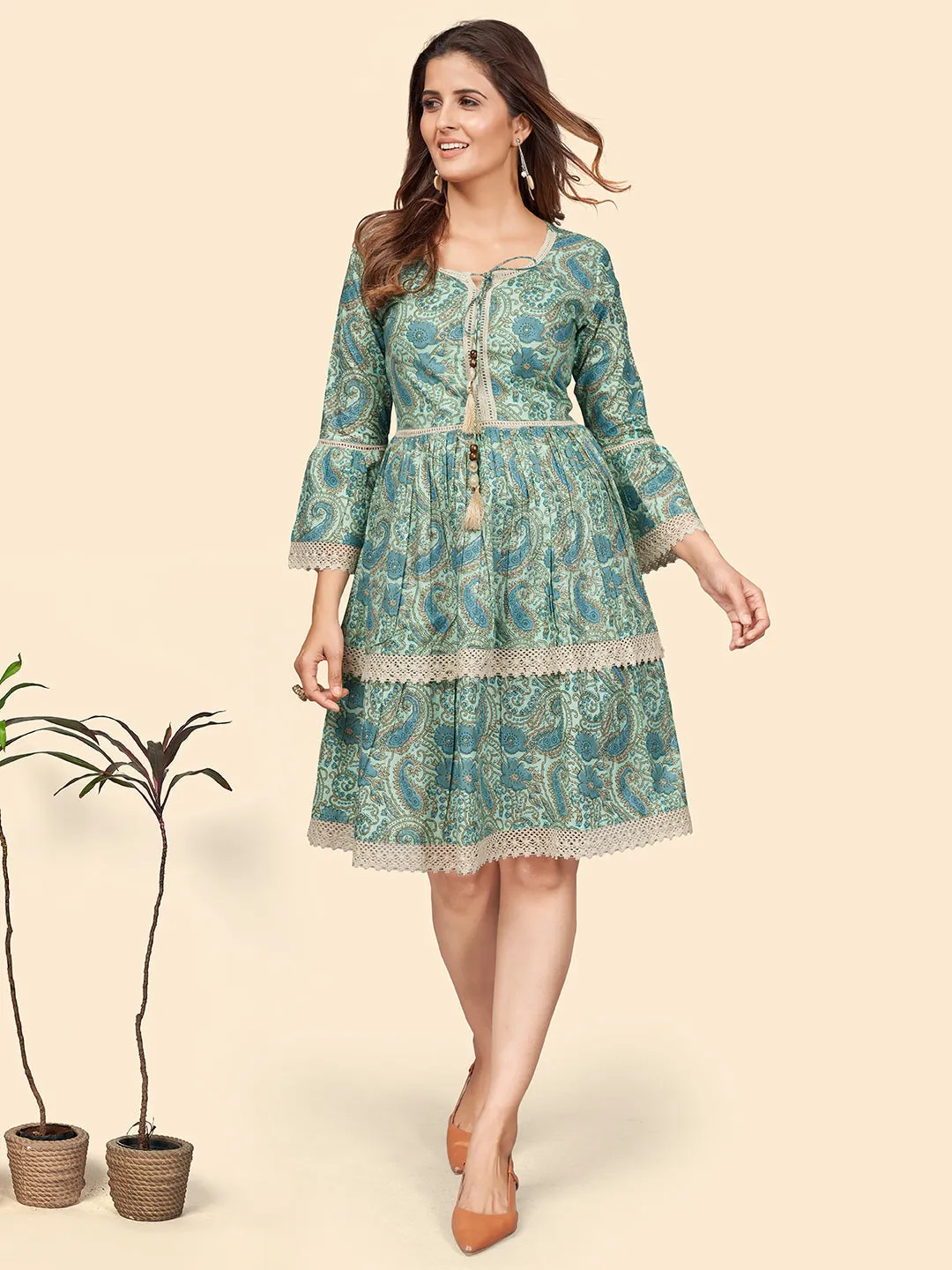 Women'S Printed Flared Cotton Sea Green Stitched Dress