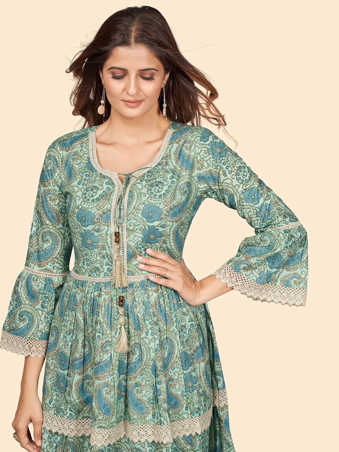 Women'S Printed Flared Cotton Sea Green Stitched Dress